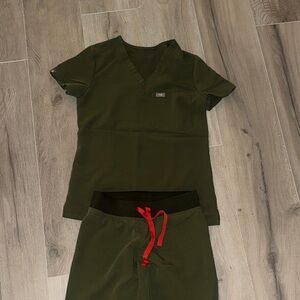 Figs Olive Green Scrub Set with Red Accent